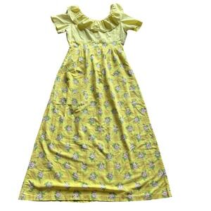Vintage 70s Yellow‎ Floral Prairie House Dress Ruffle Neck Maxi Cottagecore M/L